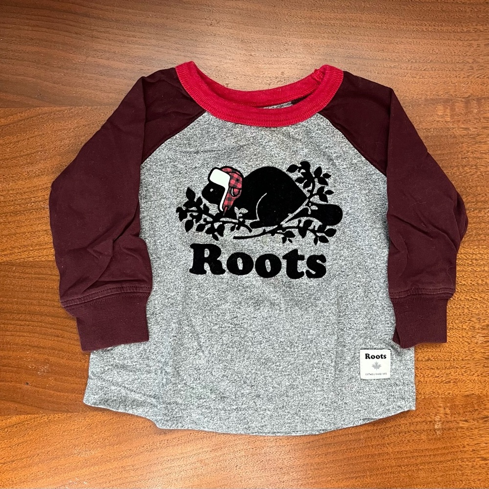 Roots Cooper Flocked Long Sleeve Baby Ringer T-Shirt Size 3-6 Months